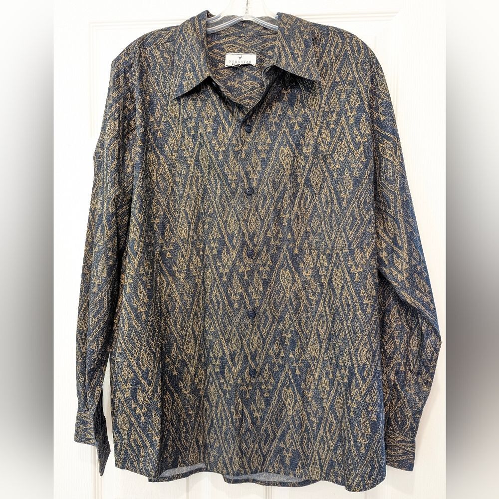 Peruvian Connection men's western long sleeve button down dress shirt navy sz M